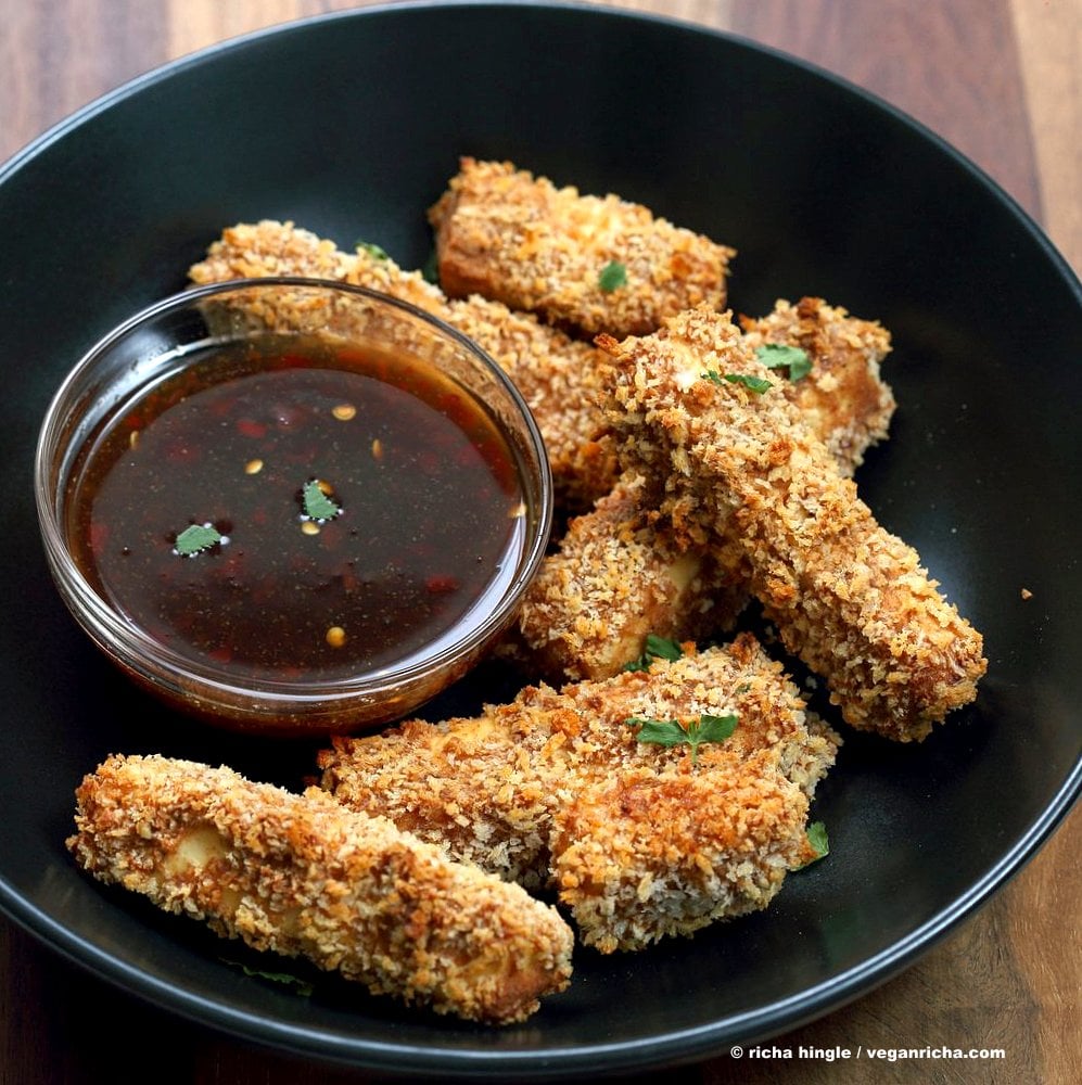 Crispy Tofu with Sweet Chili Sauce. Crunchy Crispy Breaded Tofu Strips with Sweet chili dipping sauce. Vegan Appetizer Recipe for Super bowl Gameday | VeganRicha.com #vegan #superbowl #recipe #tofu
