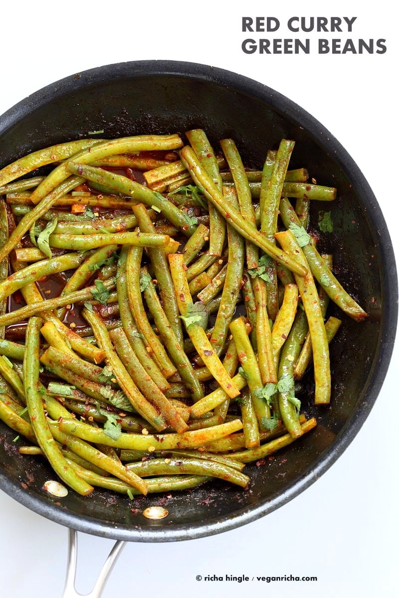 Red Curry Green Beans - Green Beans Stir fry with red curry paste, kaffir lime, sugar and chile. Pad Prik King Vegan Glutenfree Soyfree Recipe | VeganRicha.com