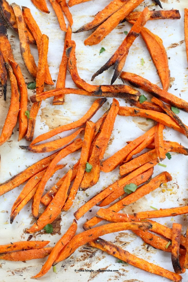 Baked Sweet Potato Fries with Vegan Chipotle Ranch. Easy Crisp Sweet Potato Fries served with dairy free ranch. Vegan Appetizer Recipe Glutenfree Soyfree VeganRicha.com