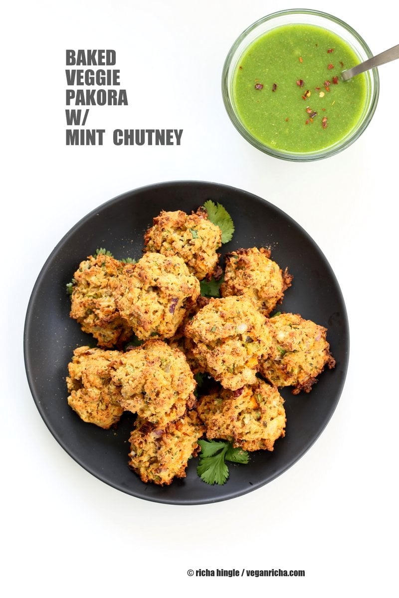 Broccoli, Cauliflower, potatoes, carrots and greens in this Mixed Vegetable Pakora. Baked Veggie Pakore Bhajjiya. Vegan Soyfree Recipe. Easily Glutenfree | VeganRicha.com