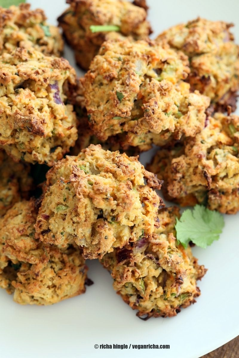 Broccoli, Cauliflower, potatoes, carrots and greens in this Mixed Vegetable Pakora. Baked Veggie Pakore Bhajjiya. Vegan Soyfree Recipe. Easily Glutenfree | VeganRicha.com