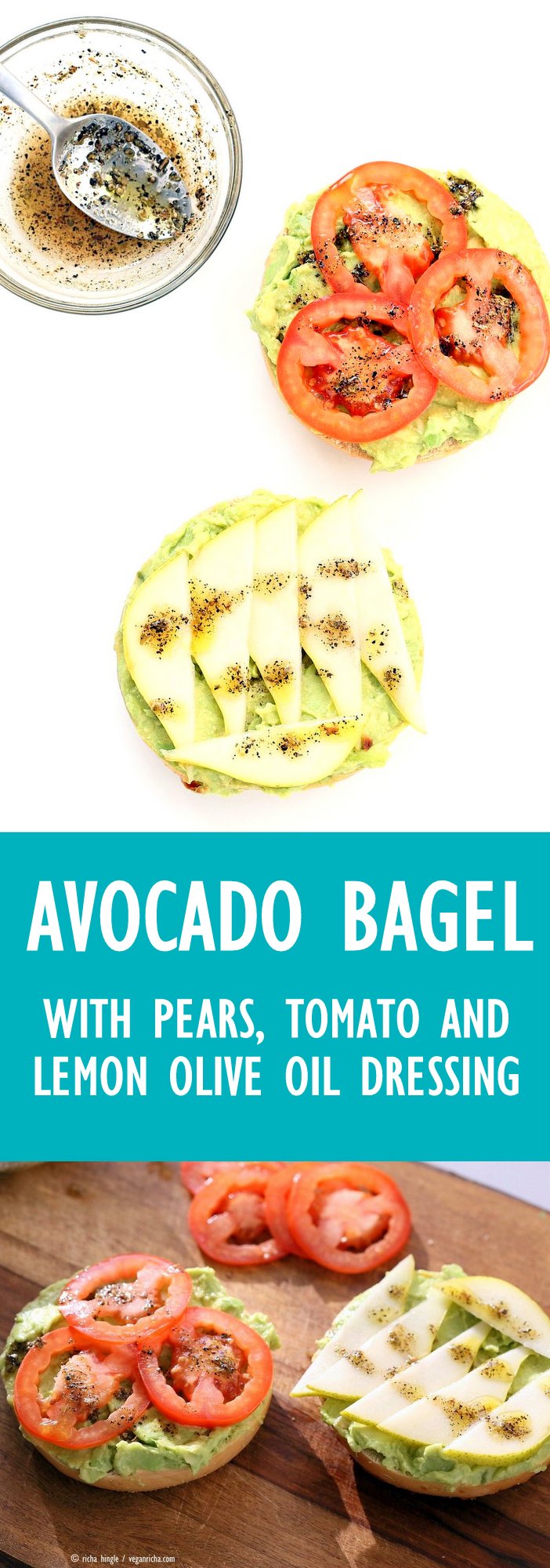 Avocado Bagels with Pears and Tomatoes and Mediterranean Oregano Garlic Olive Oil Dressing Bagel Avocado Toast. Easy Vegan Snack or Breakfast. | VeganRicha.com