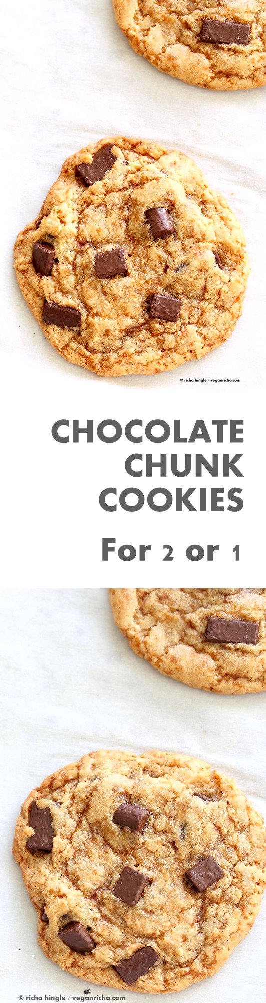 Vegan Chocolate Chunk Cookies for two or for 1. Easy Chocolate chip cookies that make 2 large cookies. Vegan Soyfree Palm Oil-free Recipe | VeganRicha.com