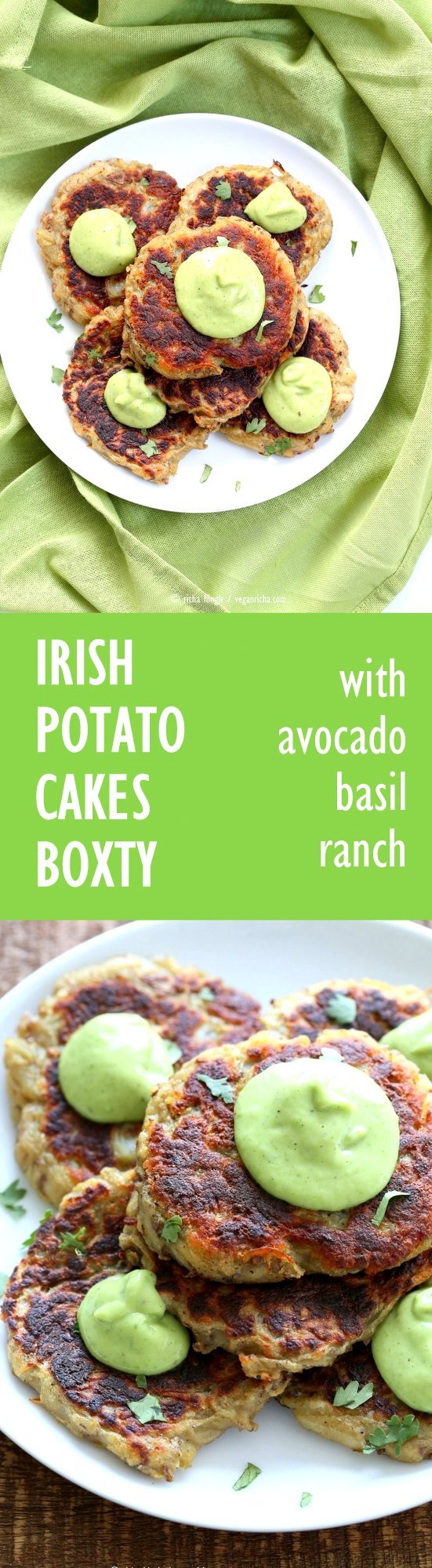 Traditional Irish potato cakes known as boxty, made eggless and vegan. Serve with avocado basil garlic ranch dressing. #Vegan #Soyfree #Recipe | VeganRicha.com