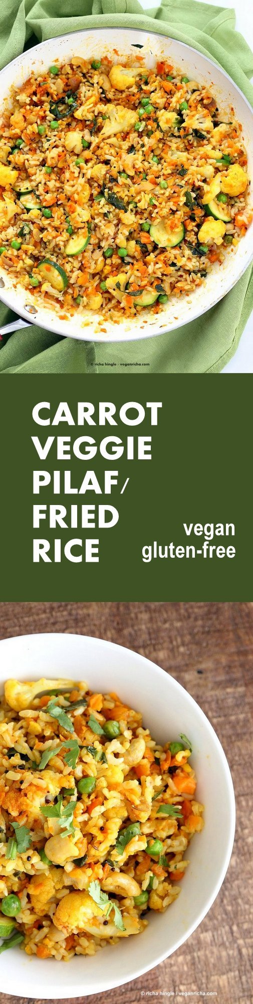 Vegetable Carrot Fried Rice with Indian spices and shredded Carrots. Carrot Veggie Brown Rice Pilaf. Colorful flavorful side for Easter or Holidays. #Vegan #Glutenfree #Soyfree #Recipe | VeganRicha.com