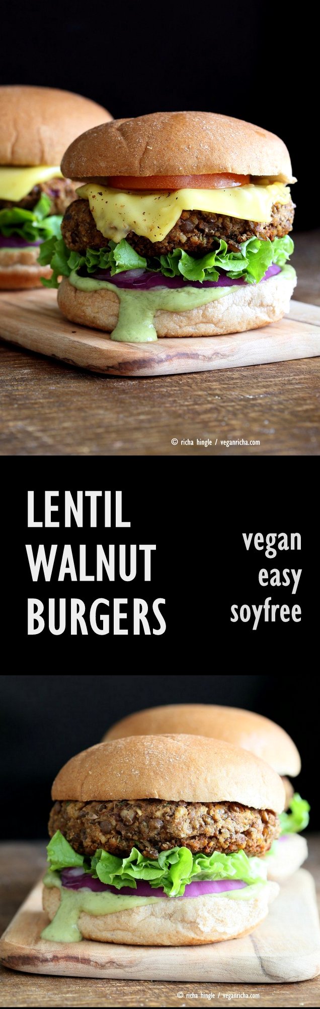 Vegan Lentil Walnut Burgers. Easy Flavorful Burger patties with avocado ranch. #Vegan #Burger #Recipe. #Soyfree Easily #glutenfree | VeganRicha.com
