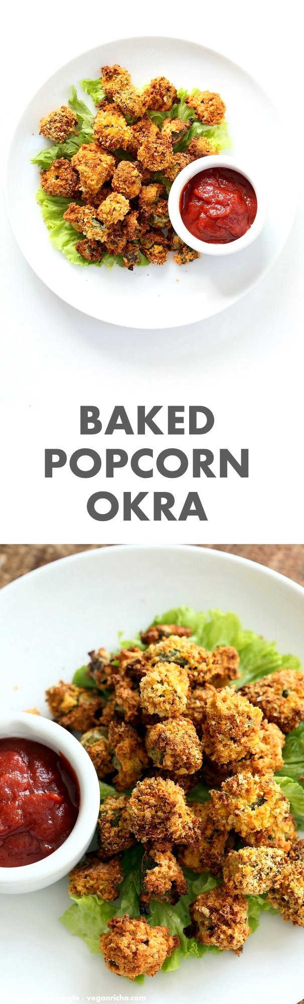 Baked Popcorn Okra. Okra / Bhindi coated in chickpea flour batter, tossed in spiced breadcrumbs and baked until crunchy crisp. #Vegan #Recipe, can be #glutenfree and #oilfree. | VeganRicha.com
