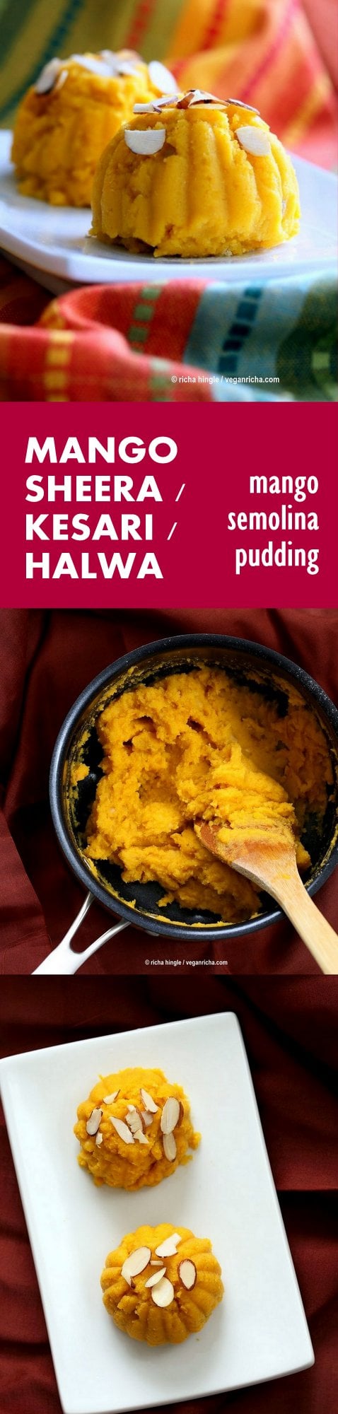 Mango Sheera Recipe. Mango Kesari or Halwa. Semolina Mango Pudding . 20 min, 1 pan Vegan Indian Dessert Recipe. | VeganRicha.com can be made gluten-free and oil-free.