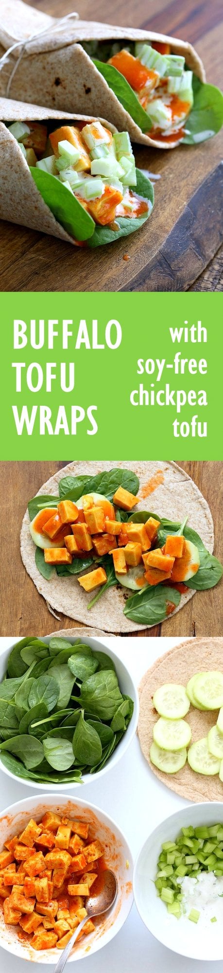 Buffalo Tofu wrap with Chickpea Tofu. Soy-free Chickpea flour Tofu tossed in buffalo hot sauce, layered with celery, spinach, cucumbers and vegan ranch. #vegan #glutenfree #soyfree #Easy weekday meal #Recipe | VeganRicha.com