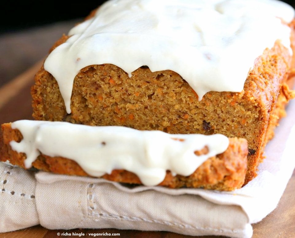 Vegan Carrot Cake Recipe. Vegan Carrot Cake Quick bread loaf with Cashew Cream Frosting. Moist, spiced, full of carrots. Low oil. #vegan #Soyfree #Palmoilfree #Easter #recipe | VeganRicha.com