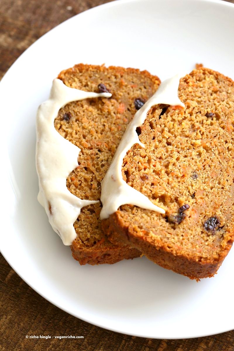 Vegan Carrot Cake Recipe. Vegan Carrot Cake Quick bread loaf with Cashew Cream Frosting. Moist, spiced, full of carrots. Low oil. Soyfree Palmoil-free | VeganRicha.com