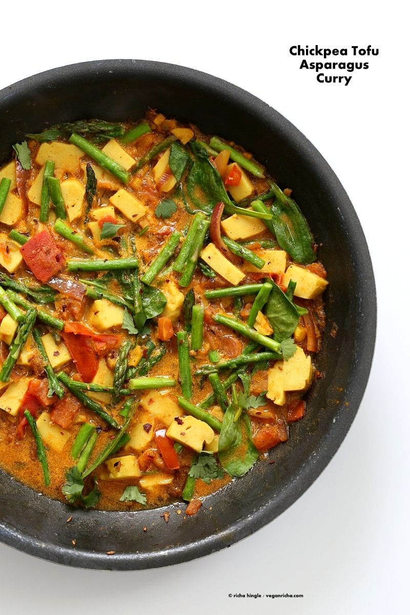 Easy Asparagus Curry with Chickpea Tofu and Indian Spices. Indian Vegan Gluten-free Soy-free Recipe. Serve with Rice or flatbread. | VeganRicha.com