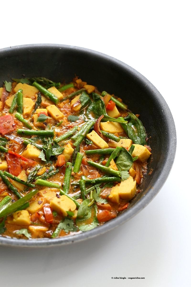 Easy Asparagus Curry with Chickpea Tofu and Indian Spices. Indian Vegan Gluten-free Soy-free Recipe. Serve with Rice or flatbread. | VeganRicha.com