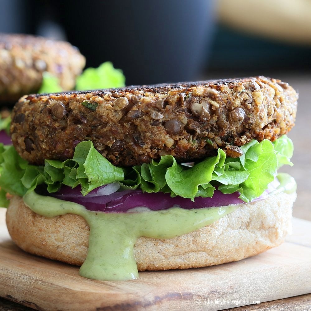 Spiced Lentil Walnut Burgers. Easy Flavorful Burger patties with avocado ranch. #Vegan #Burger #Recipe. #Soyfree Easily #glutenfree | VeganRicha.com