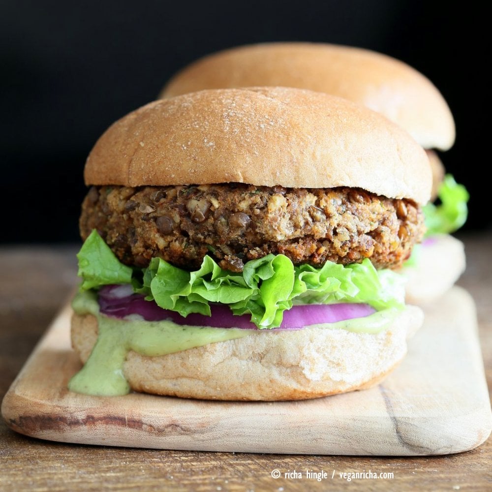 Spiced Lentil Walnut Burgers. Easy Flavorful Burger patties with avocado ranch. Vegan Burger Recipe. Soyfree Easily gluten-free | VeganRicha.com