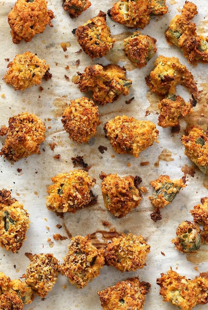 Baked Popcorn Okra. Okra /bhindi tossed in chickpea flour batter, coated in spiced breadcrumbs and baked until crunchy crisp. Vegan Recipe, can be gluten-free | VeganRicha.com