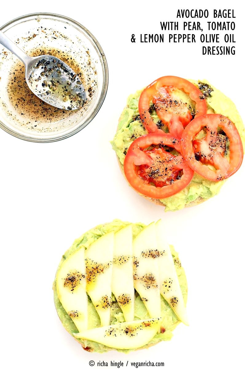 Avocado Bagels with Pears and Tomatoes and Mediterranean Oregano Garlic Olive Oil Dressing. Bagel Avocado Toast. Easy Vegan Snack or Breakfast. | VeganRicha.com