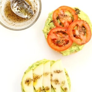 Avocado Bagels with Pears and Tomatoes and Mediterranean Oregano Garlic Olive Oil Dressing Bagel Avocado Toast. Easy Vegan Snack or Breakfast. | VeganRicha.com #glutenfree #veganricha #vegan