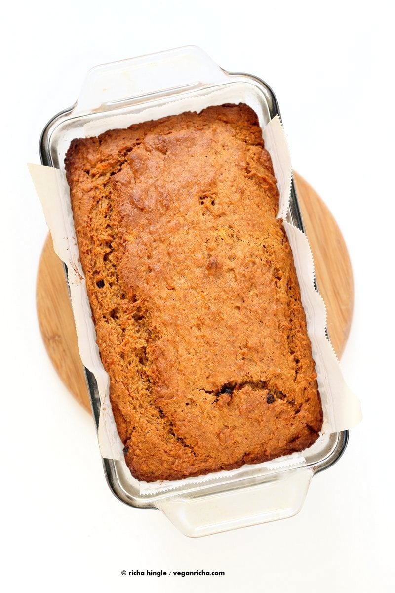 Vegan Carrot Cake Recipe. Vegan Carrot Cake Quick bread loaf with Cashew Cream Frosting. Moist, spiced with Cinnamon and Cardamom, full of carrots. Low oil. Soyfree Palmoil-free | VeganRicha.com