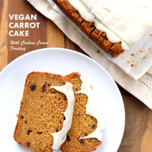 Vegan Carrot Cake Recipe. Vegan Carrot Cake Quick bread loaf with Cashew Cream Frosting. Moist, spiced, full of carrots. Low oil. #vegan #Soyfree #Palmoilfree #Easter #recipe | VeganRicha.com #glutenfree #veganricha #vegan