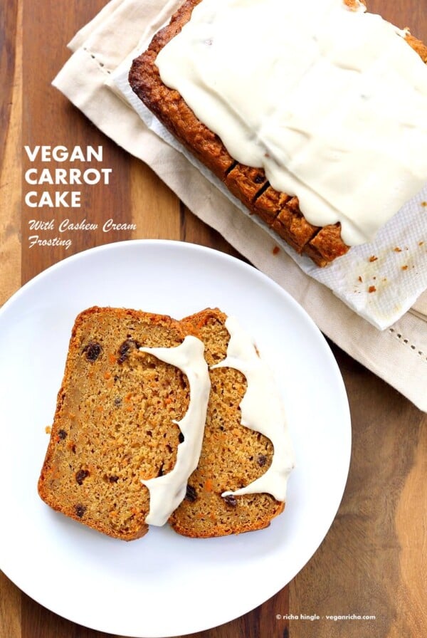 Vegan Carrot Cake Recipe. Vegan Carrot Cake Quick bread loaf with Cashew Cream Frosting. Moist, spiced, full of carrots. Low oil. #vegan #Soyfree #Palmoilfree #Easter #recipe | VeganRicha.com #glutenfree #veganricha #vegan