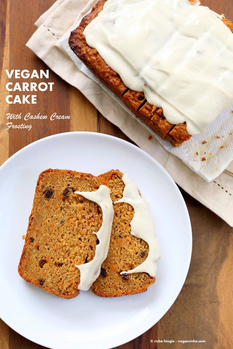 Vegan Carrot Cake Recipe. Vegan Carrot Cake Quick bread loaf with Cashew Cream Frosting. Moist, spiced with Cinnamon and Cardamom, full of carrots. Low oil. #vegan #Soyfree #Palmoilfree #Easter #recipe | VeganRicha.com