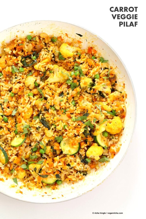 Vegetable Carrot Fried Rice with Indian spices. Carrot Veggie Brown Rice Pilaf. Colorful flavorful side for Easter or Holidays. #Vegan #Glutenfree #Soyfree #Recipe | VeganRicha.com #glutenfree #veganricha #vegan