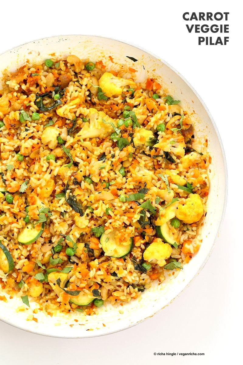 Vegetable Carrot Fried Rice with Indian spices and shredded Carrots. Carrot Veggie Brown Rice Pilaf. Colorful flavorful side for Easter or Holidays. #Vegan #Glutenfree #Soyfree #Recipe | VeganRicha.com 30 minute meal