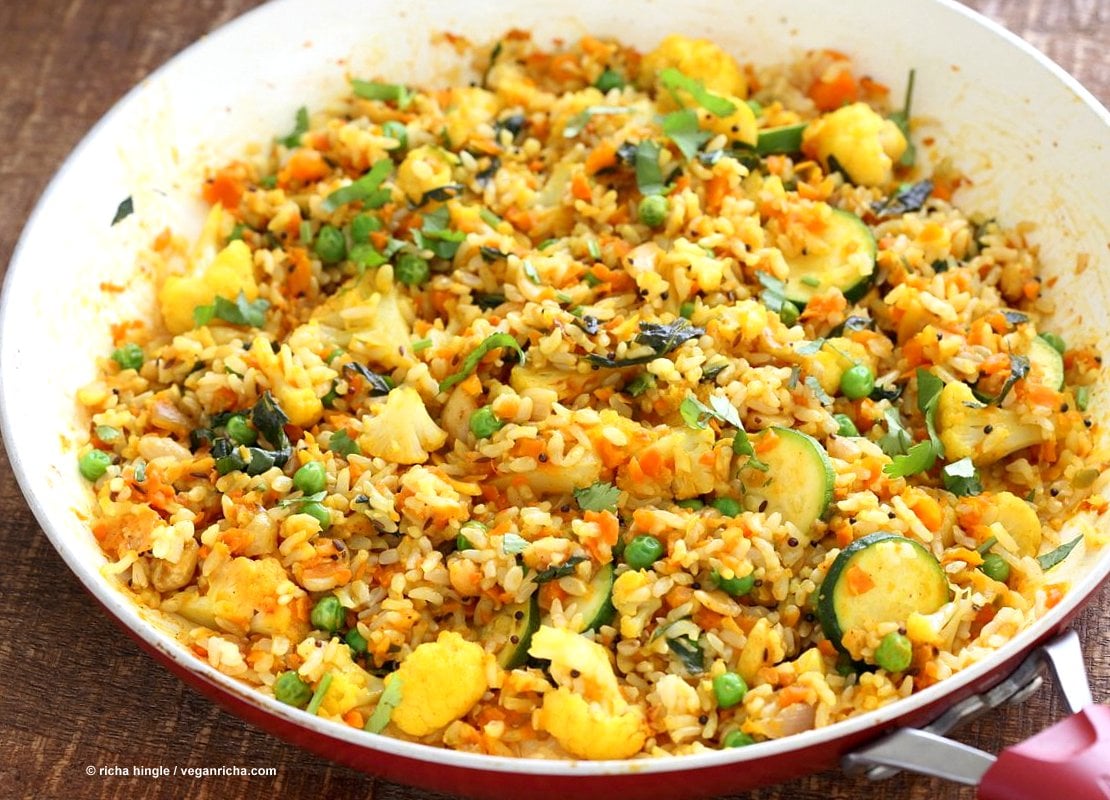 Vegetable Carrot Fried Rice with Indian spices and shredded Carrots. Carrot Veggie Brown Rice Pilaf. Colorful flavorful side for Easter or Holidays. Vegan Glutenfree Soyfree Recipe | VeganRicha.com