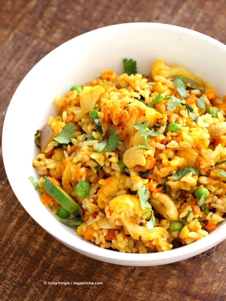 Vegetable Carrot Fried Rice with Indian spices. Carrot Veggie Brown Rice Pilaf. Colorful flavorful side for Easter or Holidays. Vegan Glutenfree Soyfree Recipe | VeganRicha.com