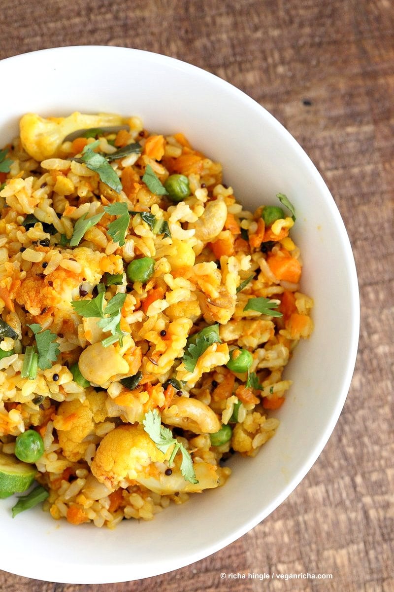Vegetable Carrot Fried Rice with Indian spices. Carrot Veggie Brown Rice Pilaf. Colorful flavorful side for Easter or Holidays. #Vegan #Glutenfree #Soyfree #Recipe | VeganRicha.com