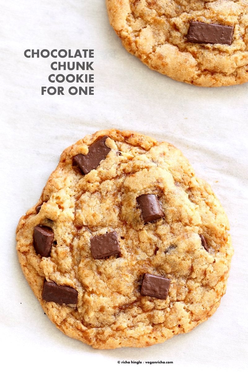 Vegan Chocolate Chunk Cookies for two or for 1. One bowl Easy Chocolate chip cookies that make 2 large cookies. Vegan Soyfree Palm Oil-free Recipe | VeganRicha.com