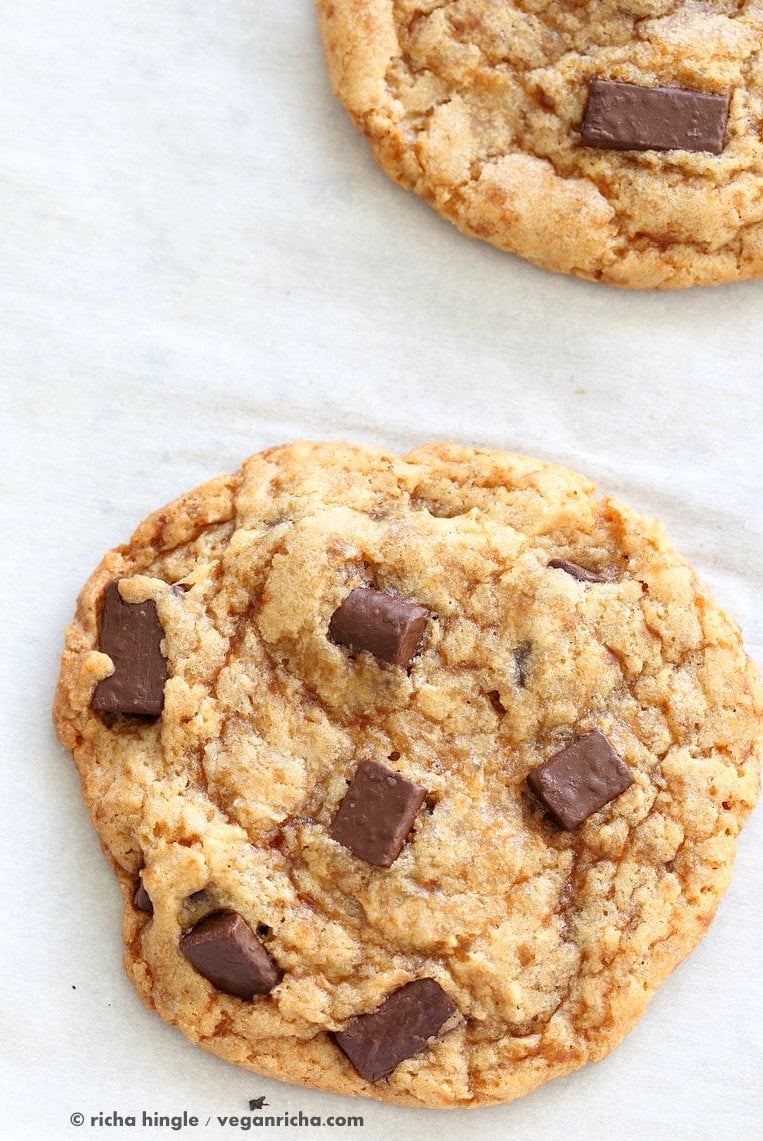 Vegan Chocolate Chunk Cookies for two or for 1. Easy Chocolate chip cookies that make 2 large cookies. Vegan Soyfree Palm Oil-free Recipe | VeganRicha.com
