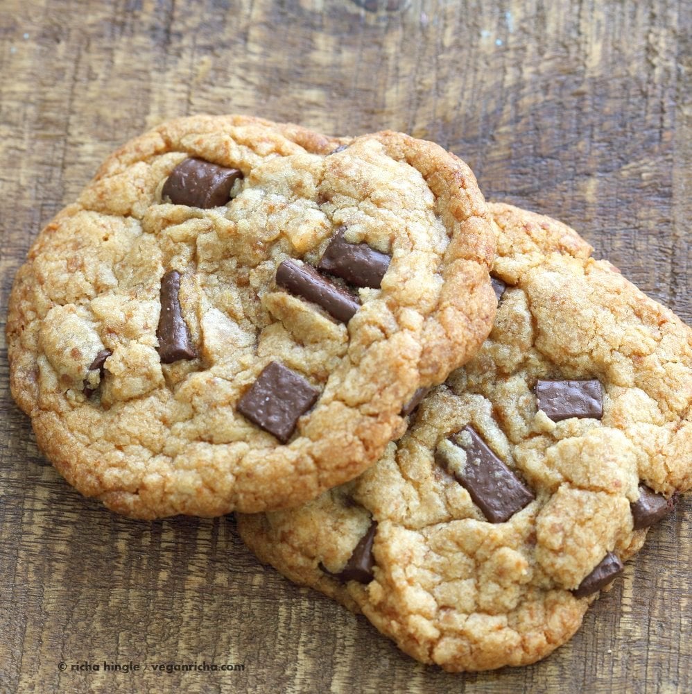 Vegan Chocolate Chunk Cookies for two or for 1. Easy Chocolate chip cookies that make 2 large cookies. Vegan Soyfree Palm Oil-free Recipe | VeganRicha.com