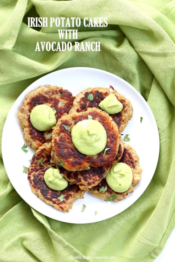 Traditional Irish potato cakes known as boxty, made eggless and vegan. Serve with avocado basil garlic ranch dressing. Vegan Soyfree Recipe | VeganRicha.com #glutenfree #veganricha #vegan