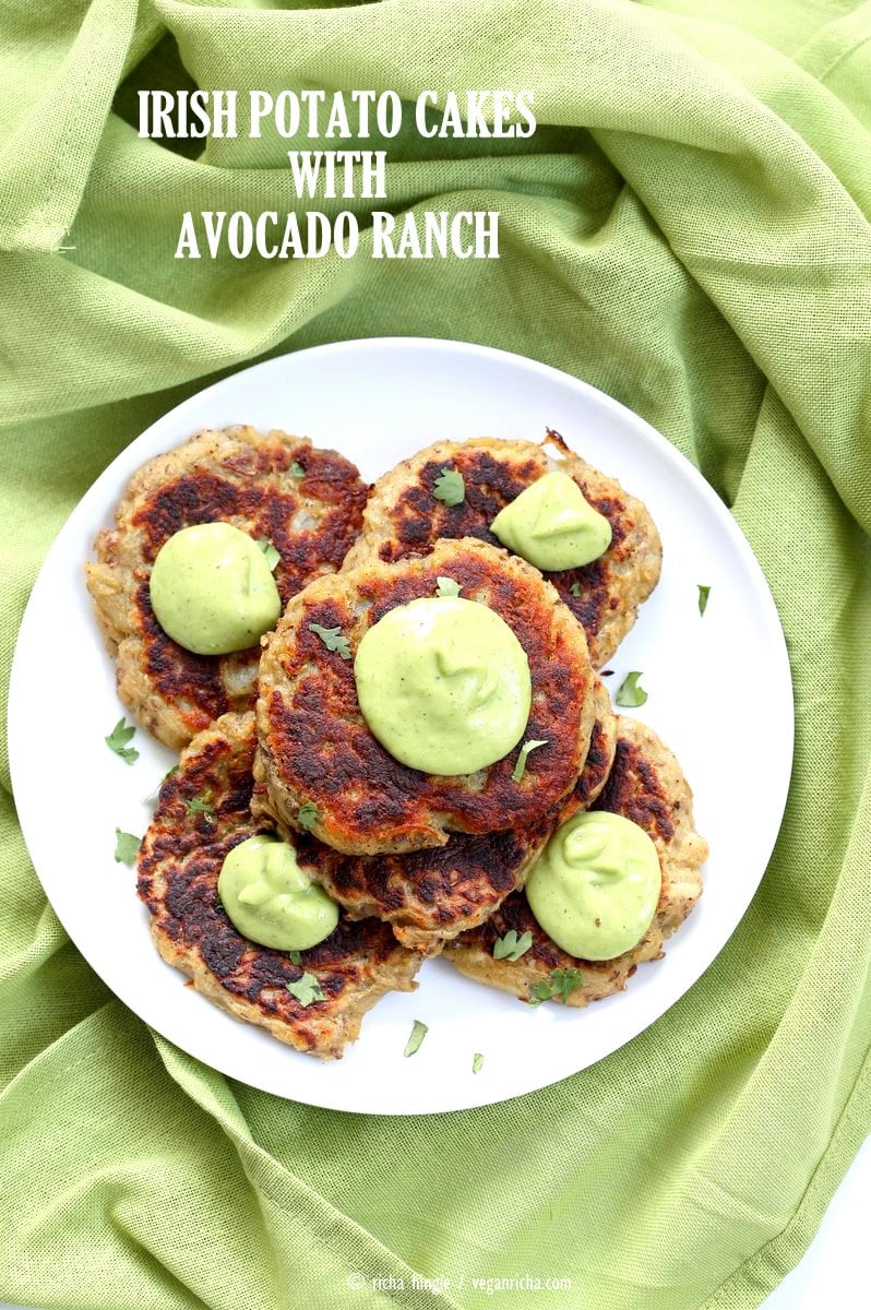 Traditional Irish potato cakes known as boxty, made eggless and vegan. Serve with avocado basil garlic ranch dressing. Vegan Soyfree Recipe | VeganRicha.com