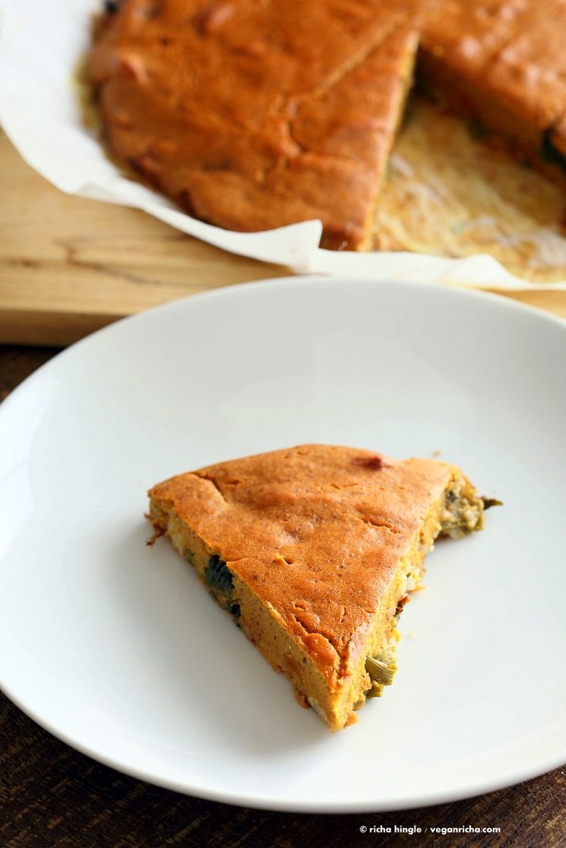 Lentil Veggie Asparagus Frittata. Blended red lentils make the egg in this lentil frittata filled with Spring vegetables. Easy Vegan Gluten-free Soy-free Recipe | VeganRicha.com