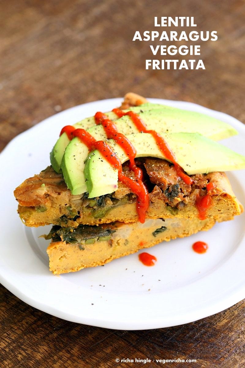 Lentil Veggie Asparagus Frittata. Blended red lentils make the egg in this lentil frittata filled with Spring vegetables. Also can be made with Moong Dal, split mung beans. Easy Vegan Gluten-free Soy-free Recipe | VeganRicha.com