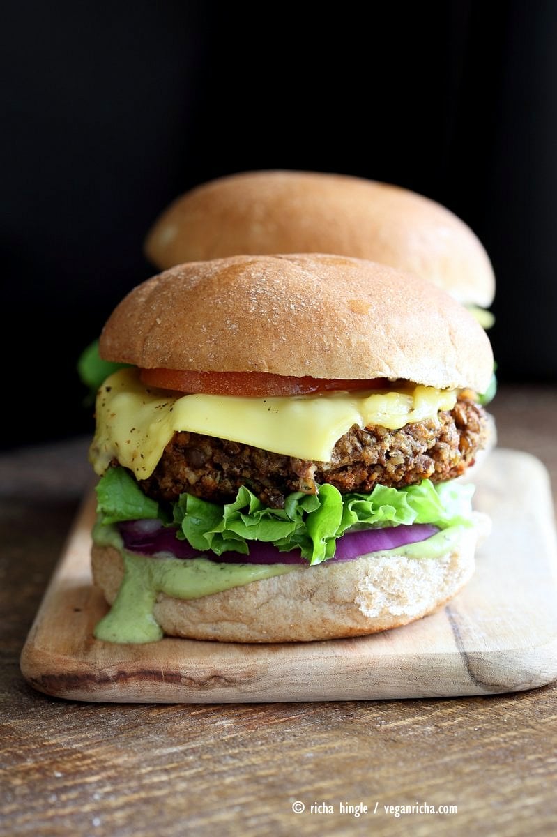 Spiced Lentil Walnut Burgers. Easy Flavorful Burger patties with avocado ranch. Vegan Burger Recipe. Soyfree Easily gluten-free | VeganRicha.com