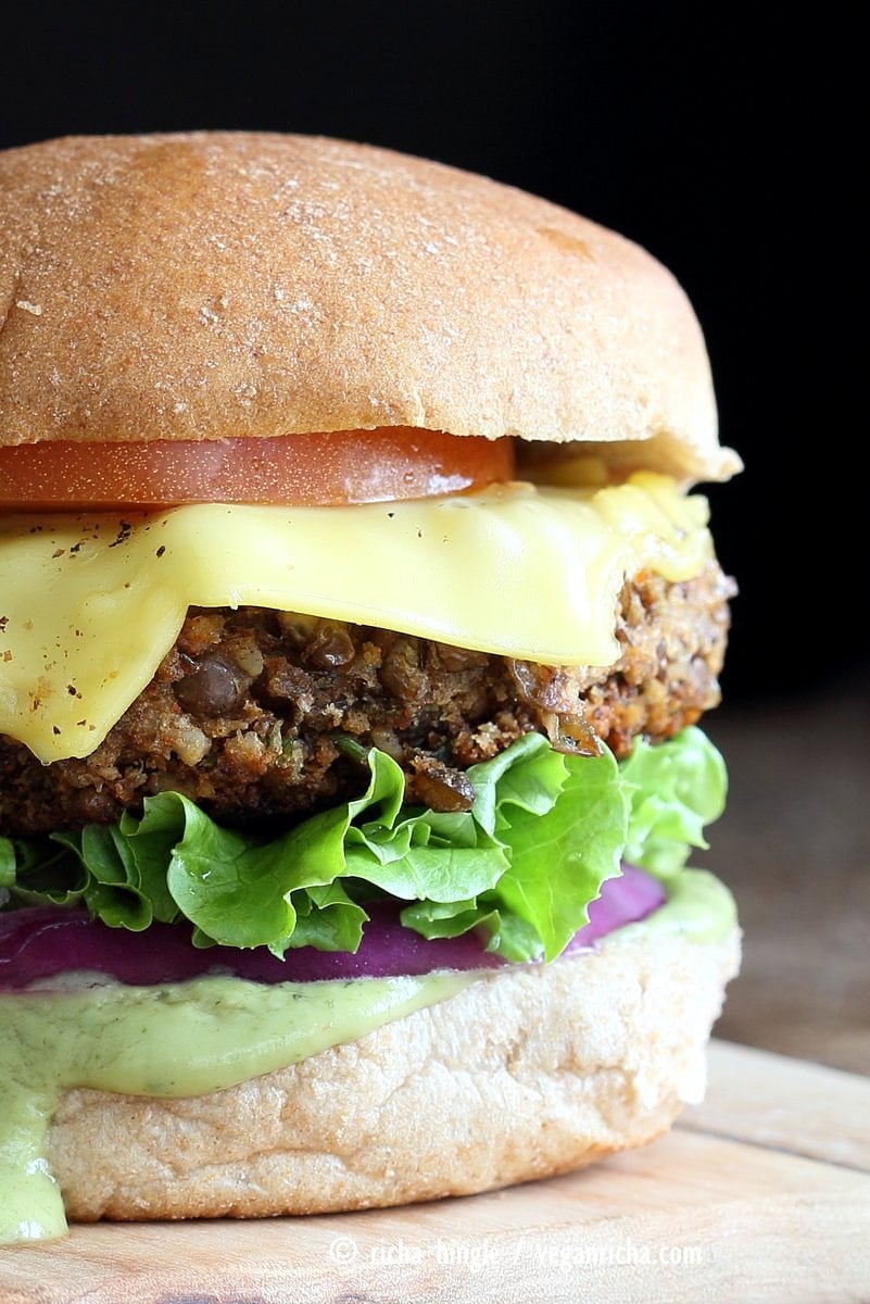 Spiced Lentil Walnut Burgers. Easy Flavorful Burger patties with avocado ranch. Vegan Burger Recipe. Soyfree Easily gluten-free | VeganRicha.com