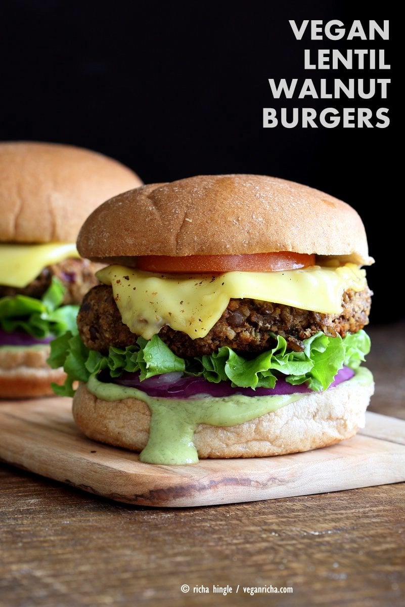 Vegan Lentil Walnut Burgers. Easy Flavorful Burger patties with avocado ranch. Vegan Burger Recipe. Soyfree Easily gluten-free | VeganRicha.com
