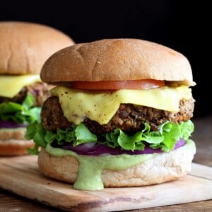 Spiced Lentil Walnut Burgers. Easy Flavorful Burger patties with avocado ranch. Vegan Burger Recipe. Soyfree Easily gluten-free | VeganRicha.com