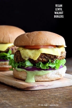 Spiced Lentil Walnut Burgers. Easy Flavorful Burger patties with avocado ranch. Vegan Burger Recipe. Soyfree Easily gluten-free | VeganRicha.com