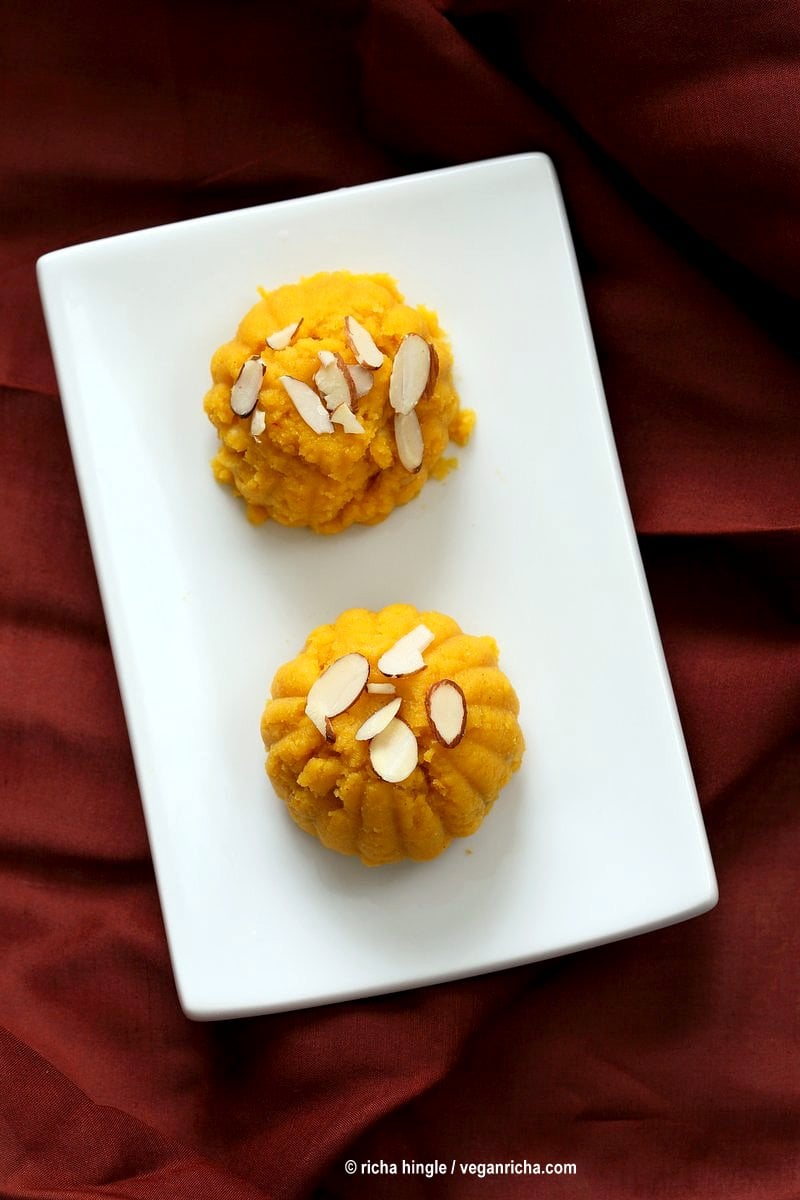 Mango Sheera Recipe. Mango Kesari or Halwa. Semolina Mango Pudding . Vegan Indian Dessert Recipe. | VeganRicha.com can be made gluten-free and oil-free