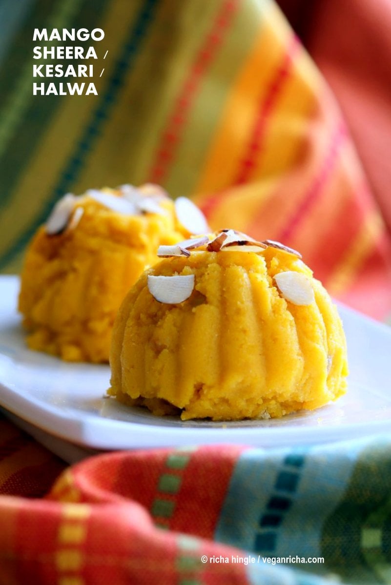 Mango Sheera Recipe. Mango Kesari or Halwa. 20 minute 1 pan Semolina Mango Pudding . Vegan Indian Dessert Recipe. | VeganRicha.com can be made gluten-free and oil-free