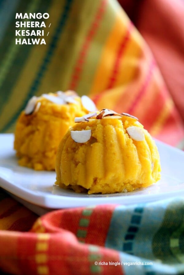 Mango Sheera Recipe. Mango Kesari or Halwa. Semolina Mango Pudding . Vegan Indian Dessert Recipe. | VeganRicha.com can be made gluten-free and oil-free #glutenfree #veganricha #vegan