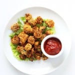 Baked Popcorn Okra. Okra /bhindi tossed in chickpea flour slurry, coated in spiced breadcrumbs and baked until crunchy crisp. Vegan Recipe, can be gluten-free | VeganRicha.com #glutenfree #veganricha #vegan