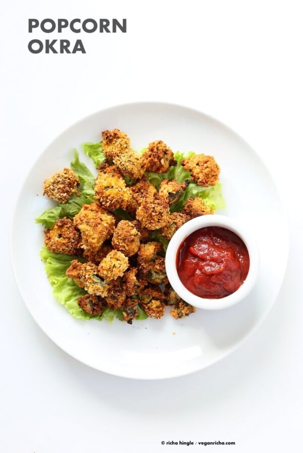 Baked Popcorn Okra. Okra /bhindi tossed in chickpea flour slurry, coated in spiced breadcrumbs and baked until crunchy crisp. Vegan Recipe, can be gluten-free | VeganRicha.com #glutenfree #veganricha #vegan