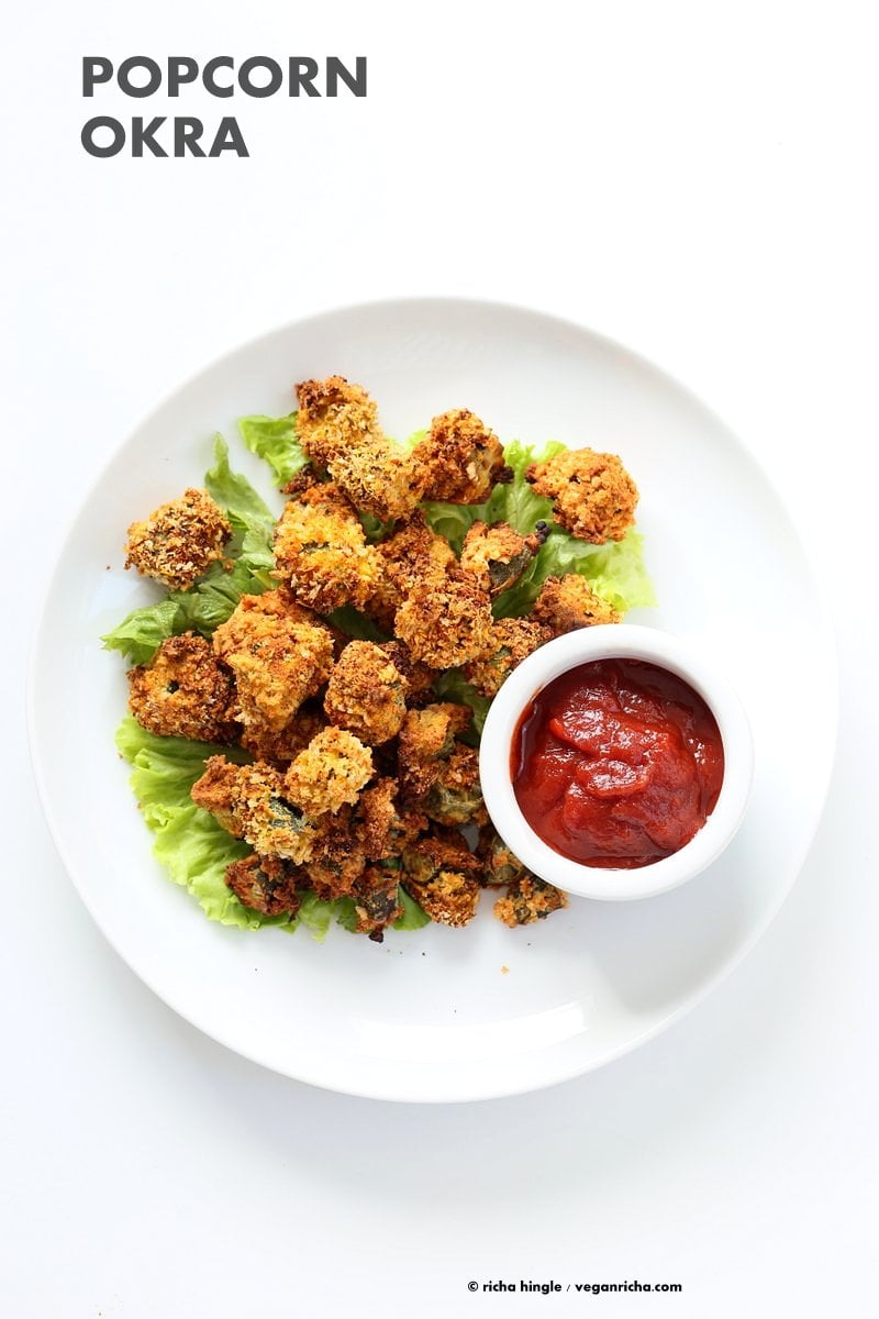 Baked Popcorn Okra. Okra /bhindi tossed in chickpea flour batter, coated in spiced breadcrumbs and baked until crunchy crisp. Vegan Recipe, can be gluten-free | VeganRicha.com