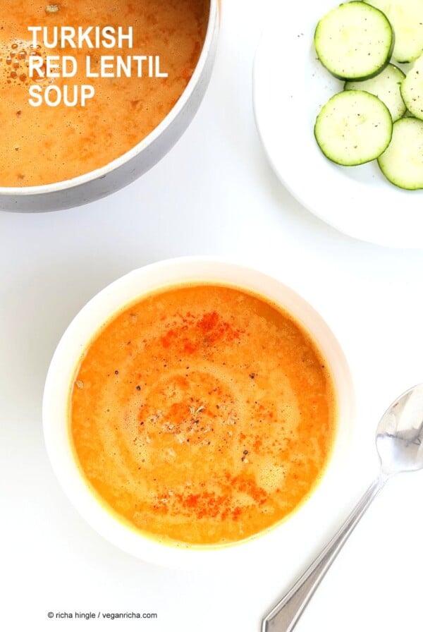 Easy Turkish Red Lentil Soup with carrots, turkish spices, red lentils.Easy weeknight meal. Few ingredients. Vegan Gluten-free Soyfree Recipe | VeganRicha.com #glutenfree #veganricha #vegan